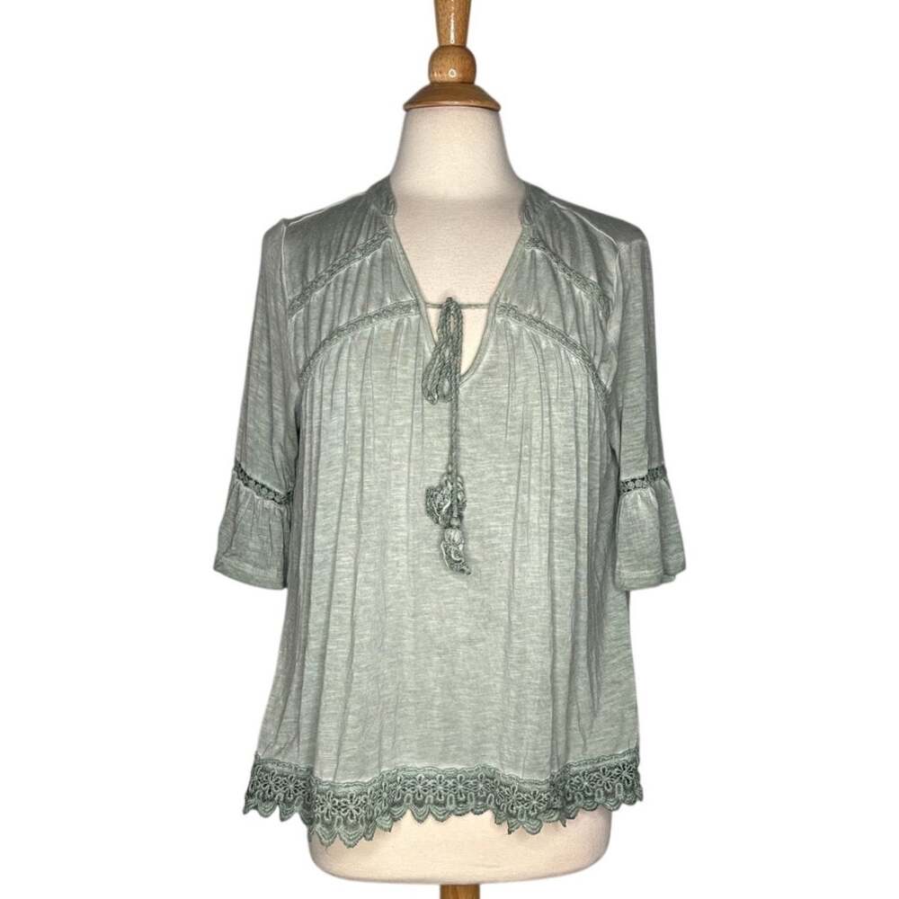 One World Boho Sage Green Flowy Lace Trim Lightweight Bohemian Beachy Comfy B19